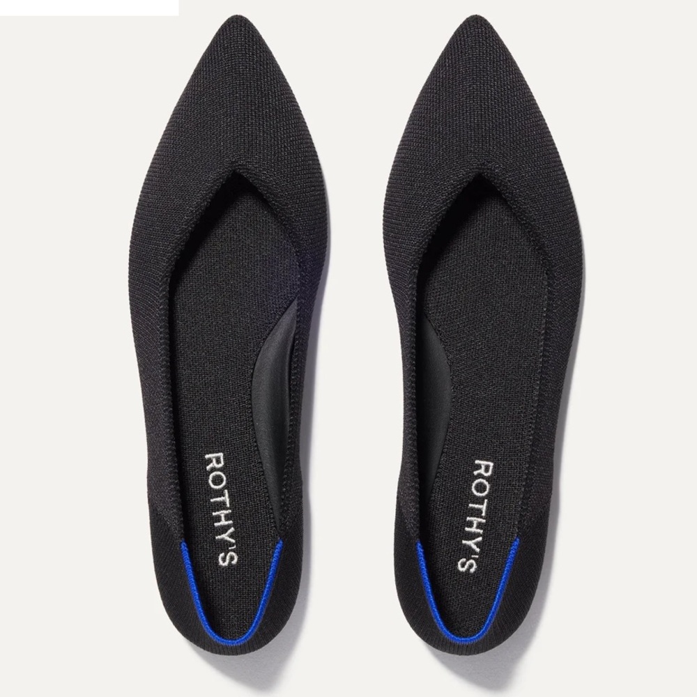 Rothy's Black Pointed-Toe Flats with Blue Trim